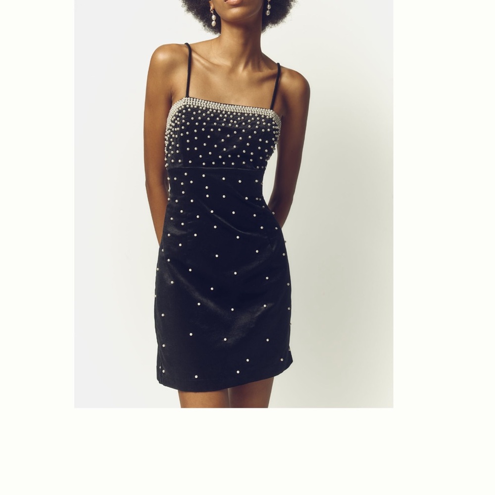 Maeve Black Mini Dress with Pearl Details